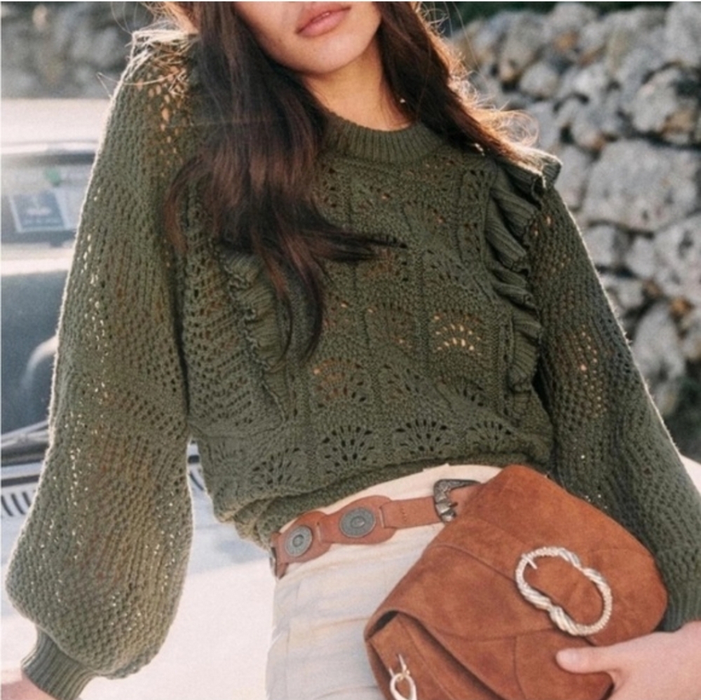 LA MAILLE SÉZANE Jodie Ruffle Front Crocheted Knit Sweater Olive Green S NWOT
